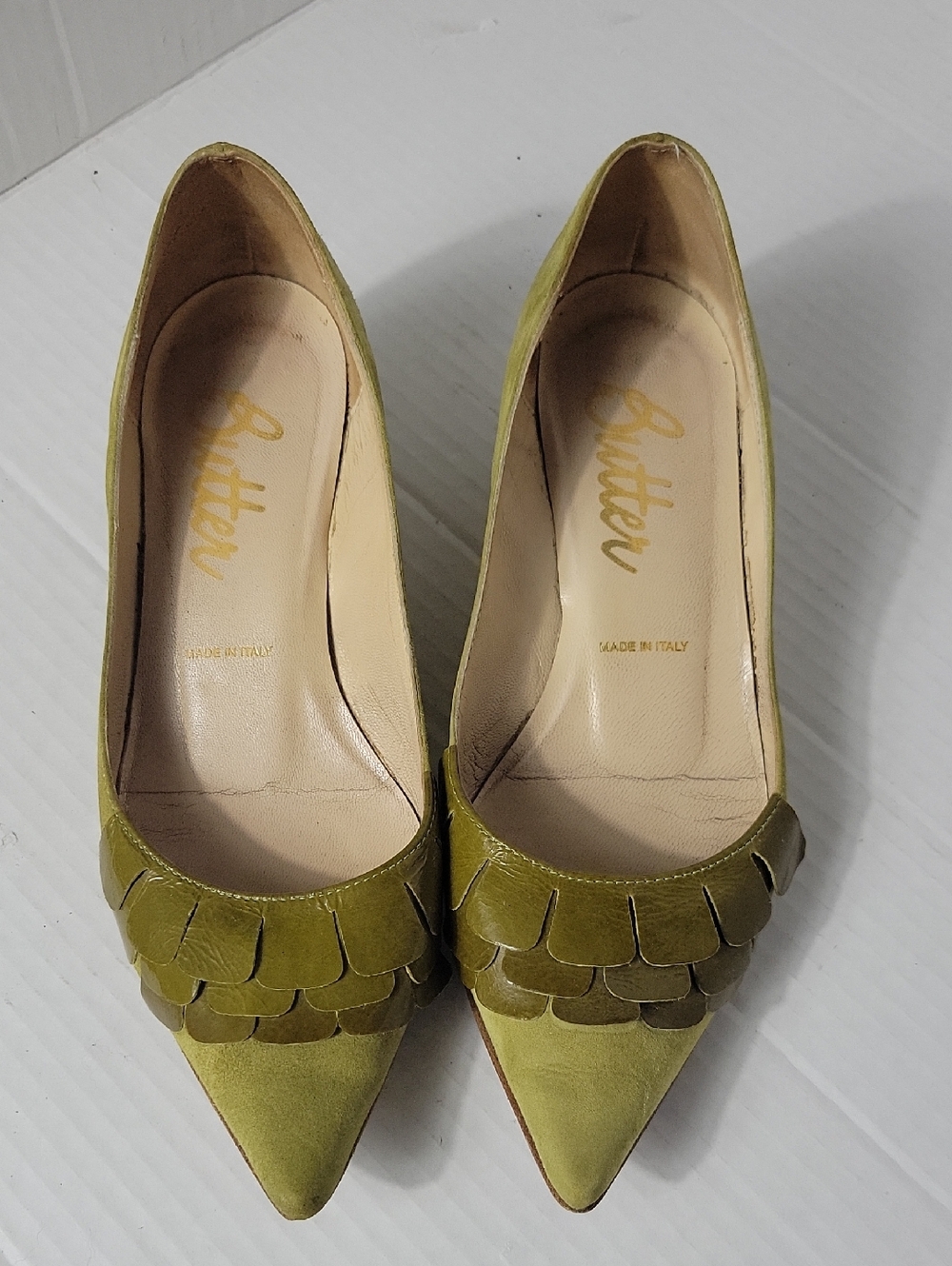 Butter Olive-Toned Pointed Toe Heels with Layered Scallop Detail